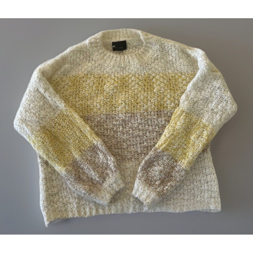 Lumiere Chunky Fuzzy Sweater Size Medium Neutral Stripe Yellow Tan White Cozy